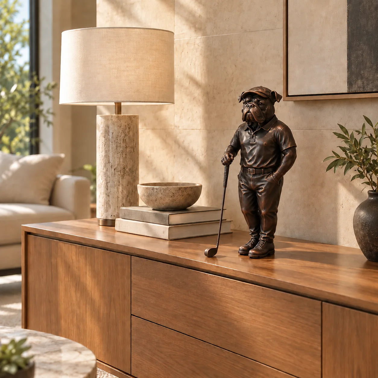 Bulldoggen-Golfer auf einem Sideboard, Produktentwurf
